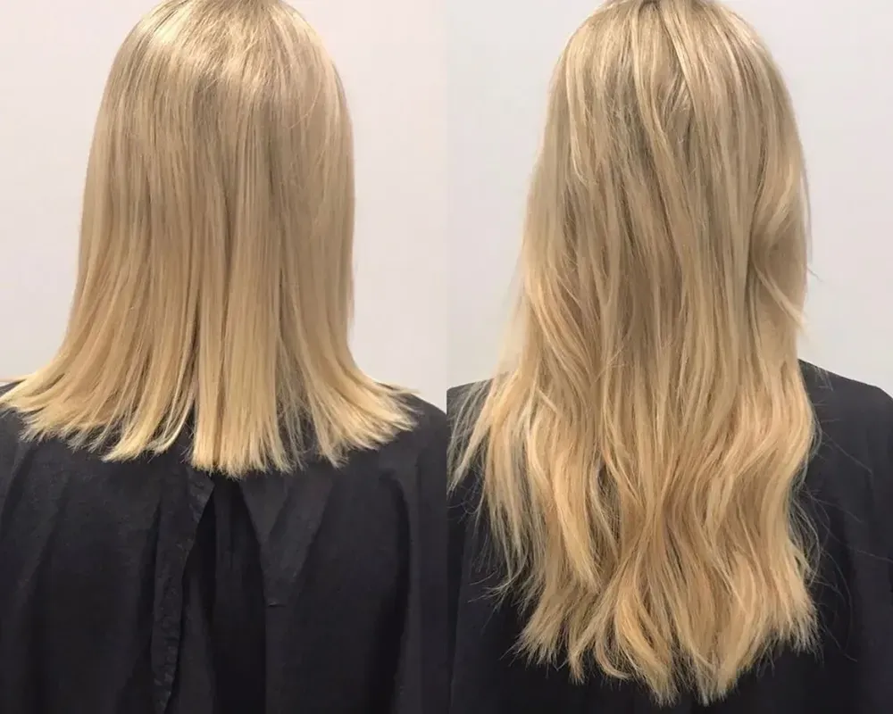 Antes y después de extensiones en la misma persona: a la izquierda el cabello rubio a los hombros; a la derecha, largo y con ondas