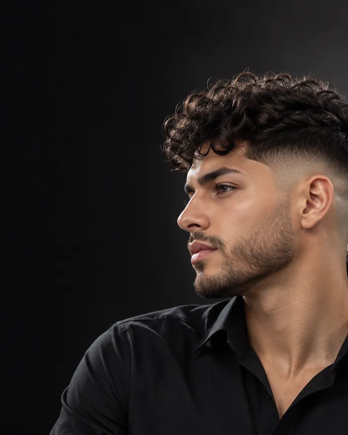 Hombre de rizos con desvanecido y barba corta, de camisa negra, de perfil sobre fondo negro