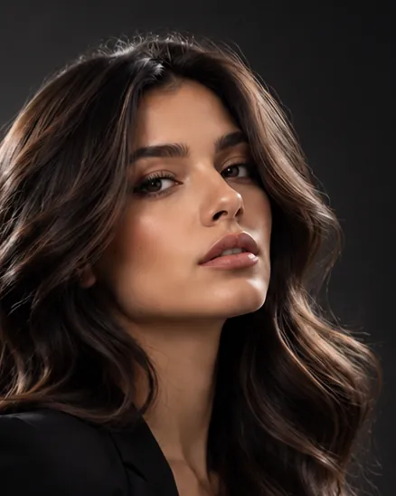 Mujer de cabello largo, oscuro y ondulado con reflejos, de negro, sobre fondo negro